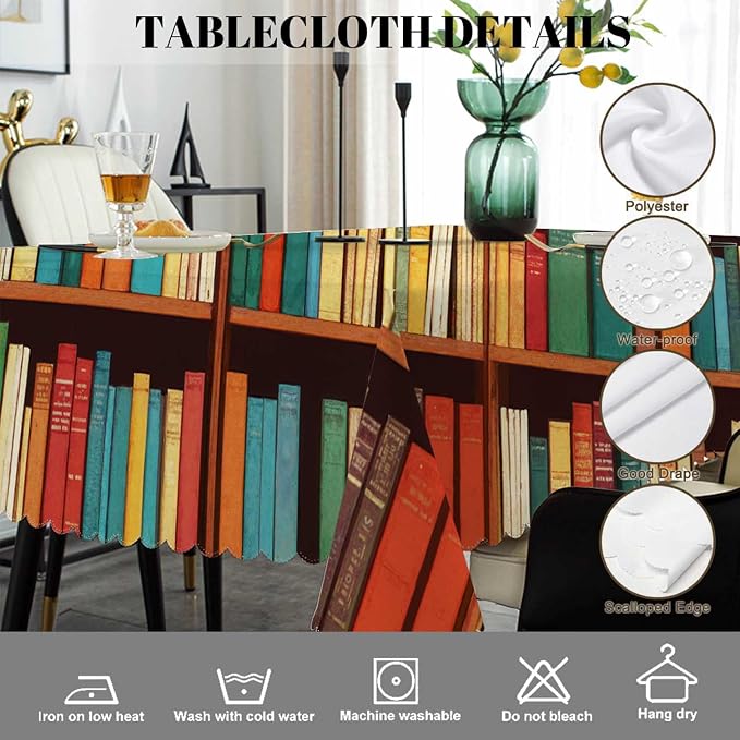 Swono Book Shelf Tablecloth Retro Bookshelf Literature Books Rectangle Table Cloth Washable Plaid Table Cover for Kitchen Holiday Dinner, 52x 70 Inch Tablecloth