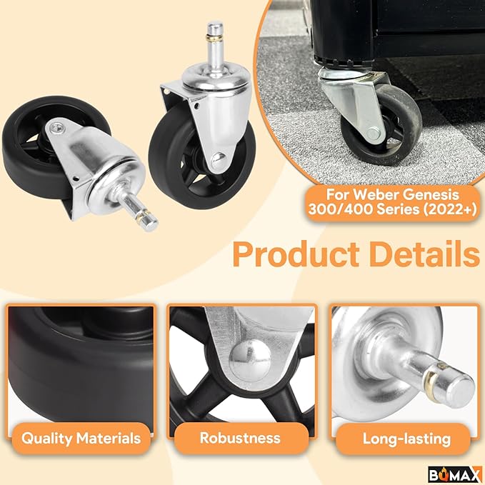 BQMAX Grill Wheels for Weber Genesis 300/400 Series Grills (2022+), Locking Caster Wheel Set for Weber Genesis Grill Parts E-315 E-325 S-315 for Weber Grill Wheels Replacement