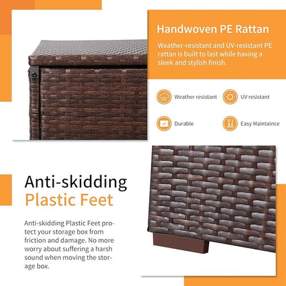 Patiorama 88 Gallon Wicker Deck Box, Indoor/Outdoor Storage Box for Patio Cushions, and Gardening Tools- Resin Rattan Patio Cushion Storage Bin, Brown