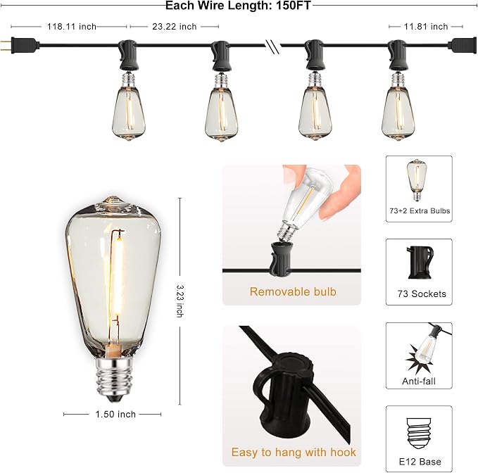 Outdoor String Lights 150FT Lighting Waterproof for Outside Patio Backyard | 150FT Connectable Outdoor Lights,75 Plastic Dimmable ST38 Edison Bulbs for Porch Bistro Garden Gazebo Balcony Cafe Deck Yard