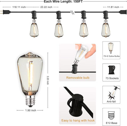 Outdoor String Lights 150FT Lighting Waterproof for Outside Patio Backyard | 150FT Connectable Outdoor Lights,75 Plastic Dimmable ST38 Edison Bulbs for Porch Bistro Garden Gazebo Balcony Cafe Deck Yard