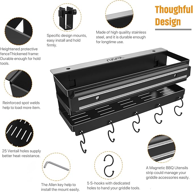 Stainless Steel Griddle Caddy with Magnetic BBQ Utensils Strip for 28"/36" Blackstone Griddles, with a Allen Key, Space Saving BBQ Accessories Storage Box, Free from Drill Hole&Easy to Install