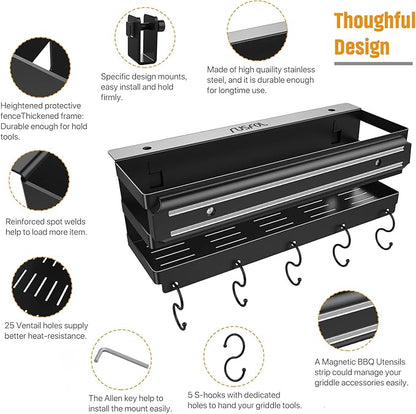 Stainless Steel Griddle Caddy with Magnetic BBQ Utensils Strip for 28"/36" Blackstone Griddles, with a Allen Key, Space Saving BBQ Accessories Storage Box, Free from Drill Hole&Easy to Install