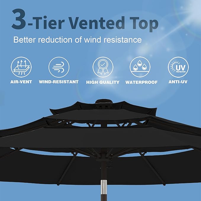 PatioKingdom 9ft 3-Tier Patio Market Umbrella with Crank/Tilt, Commercial Heavy Duty Wind Proof,Outdoor Table Umbrella with 8 Fiberglass Ribs,UPF50+ for Deck,Pool,Garden,Backyard (Black)