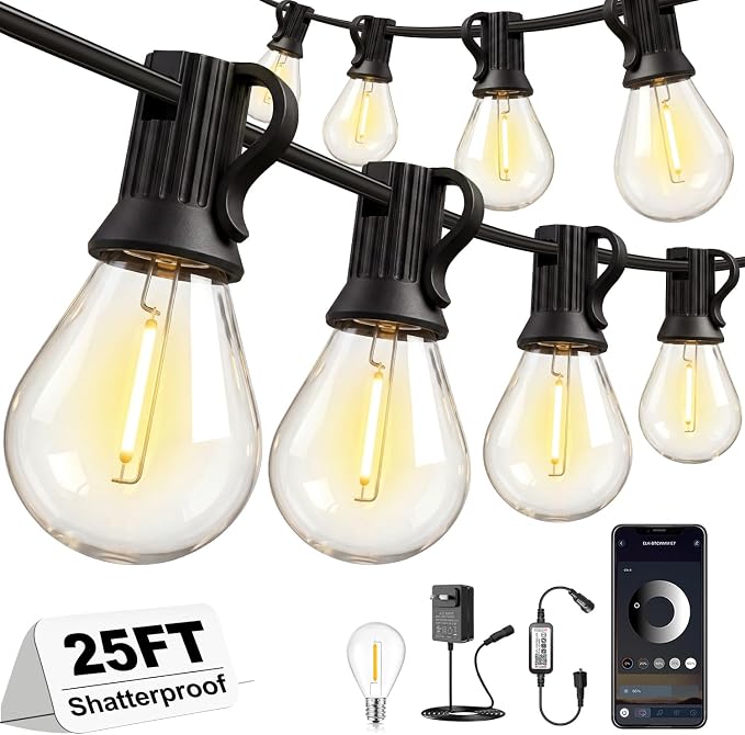 Outdoor String Lights 25FT, APP Control Dimmable S08 Edison LED Bulbs, Timer, Bluetooth, IP65 Waterproof, Hanging Patio Lights for Yard Garden Backyard Deck Porch Balcony Camping Party