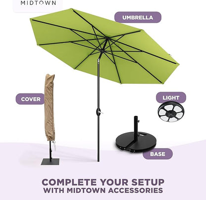 Midtown Umbrellas – The Lean 9 Ft Patio Umbrella with 10-Year-No-Fade Acrylast Acrylic Fabric, Auto-Tilt and 8 Reinforced Ribs for Deck, Pool, Garden, Hotel & Cafes – Green Tropic Canopy, Black Pole