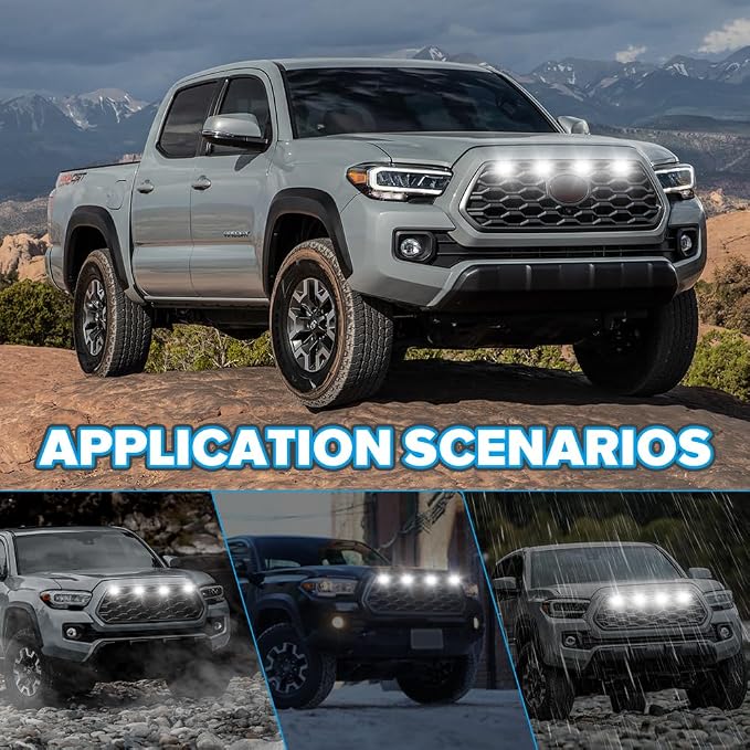 4PCS Grill Light Fit for Tacoma TRD Off Road & Sport OEM 2020-2023 White | with Fuse Adaptor, with 4-in-1 Wire Harness, LED Grille Light Bar Compatible with Toyota Tacoma TRD Off Road & Sport OEM