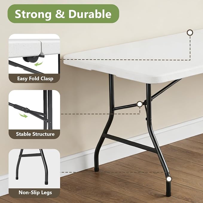 2 Pack 8FT Folding Table, Foldable Picnic Table with Carrying Handle, Heavy Duty Fold-in-Half Portable Table for Weddings, Camping, RV Travel, Parties, and Indoor Use, Easy to Fold and Store, White