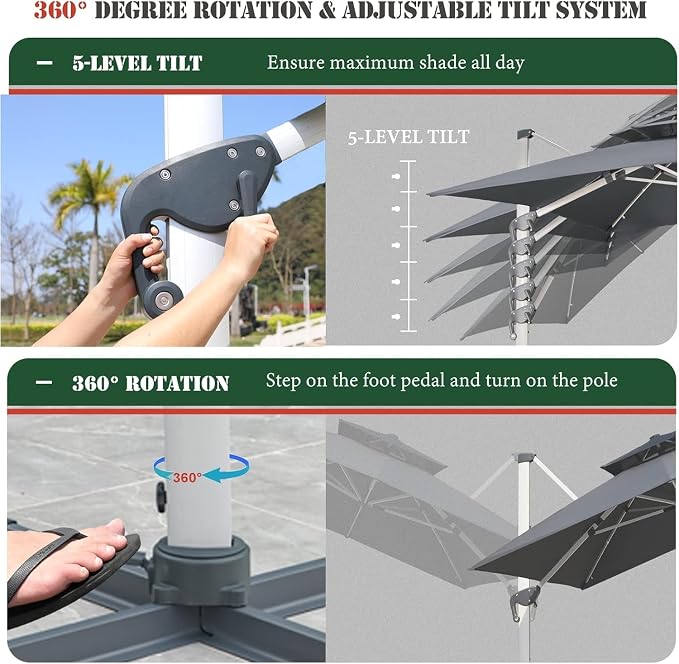 Cantilever Patio Umbrella with Cross Base and Cover Included - 360° Rotation Large Heavy Duty Offset Outdoor Umbrella with Easy Tilt for Pool Backyard Deck Garden (10x10 FT Grey)