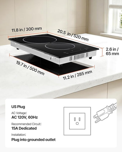 VEVOR Electric Cooktop 12inch 2 Burners Portable Stove Top 1800W 120V, Ceramic Countertop/Built-in Radiant Electric Stove, with 9 Power Levels, Timer, Child Lock, Over-Heat Guard, Touch Control