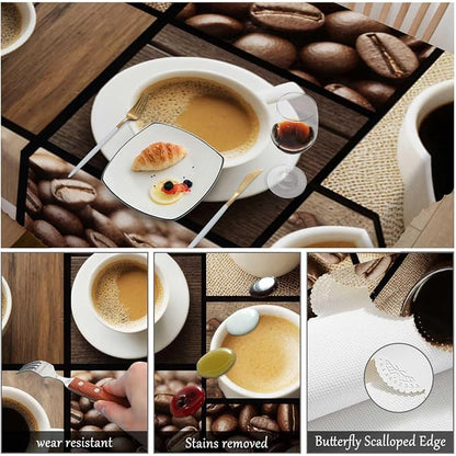 Swono Tablecloth Coffee Collage, Black Coffee Mugs Beans On Wooden Table Table Cloth for Kitchen Dining Tabletop Decoration Parties Weddings, 52 X 70 Inch Rectangle Tablecloth