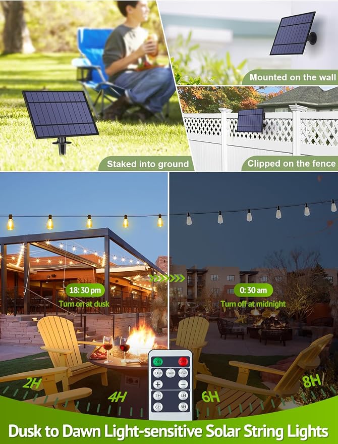 Larkvue 96FT(2x48FT) Solar Outdoor String Lights with Remote & Timer, Dimmable Patio Lights with 30+2 Shatterproof ST38 LED Bulbs for Outside-Black