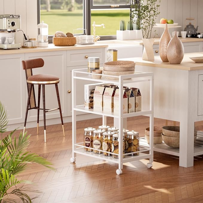 HITNET White Bar Cart, Home Bar Serving Cart, Kitchen Trolley on Wheels with Storage, 3 Tier Rolling Beverage Cart for Living Room Kitchen Home Office