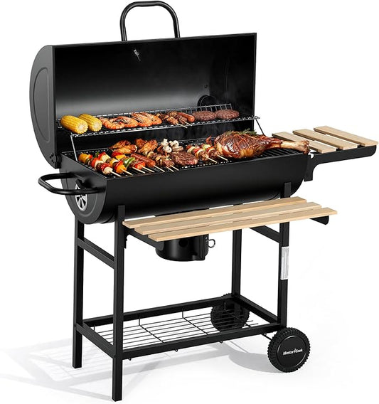 MASTER COOK Barrel Charcoal Grill with Foldable Front Wood Shelf, 686 Sq.in. Cooking Area Outdoor bbq Grill, Thermometer and Adjustable Air Vents for Backyard, Patio, Parties, Tailgating