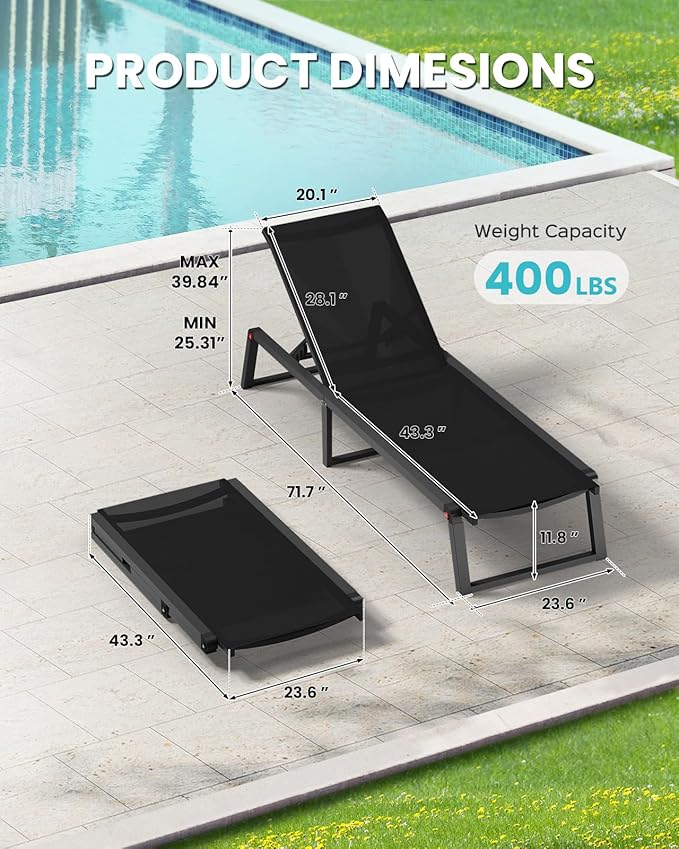 Aluminum Chaise Lounge Chair Outdoor, Foldable& No Assembly Patio Pool Lounge Chairs 5-Position Recliner for Outside, Fully Grounded Legs Sun Lounger for Poolside, Black, 2 Pack
