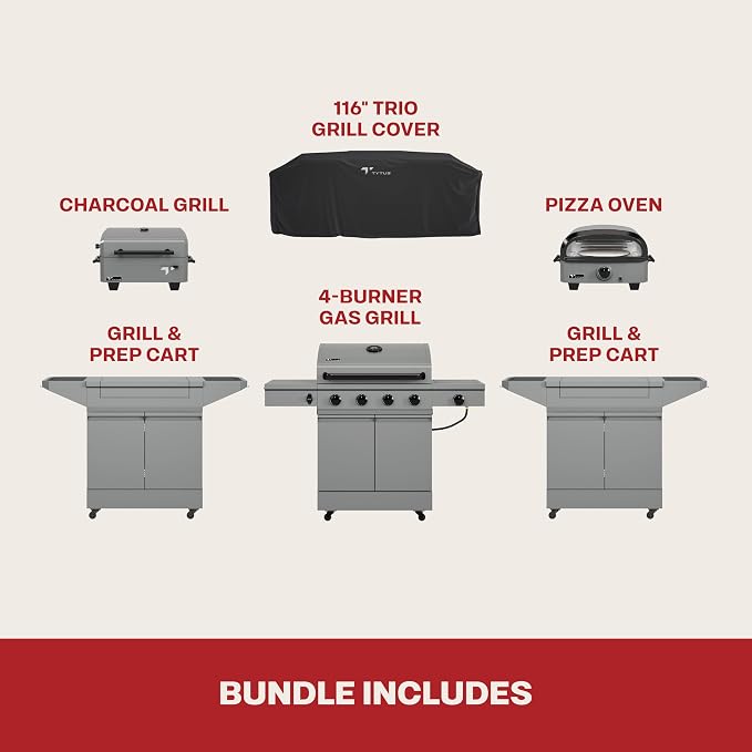 Tytus 4-Burner Gas Grill, Two Prep Carts, Charcoal Grill, and Pizza Oven | Anaheim Modular Outdoor Kitchen, Quick Assembly, Grill for Outdoor Cooking, Kitchen Island for BBQ, Cover Included