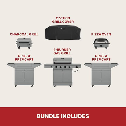 Tytus 4-Burner Gas Grill, Two Prep Carts, Charcoal Grill, and Pizza Oven | Anaheim Modular Outdoor Kitchen, Quick Assembly, Grill for Outdoor Cooking, Kitchen Island for BBQ, Cover Included