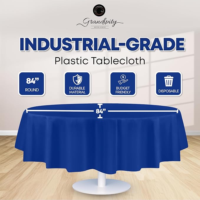 Grandipity 12 Pack Premium Disposable Plastic Tablecloth 84" Inch Decorative Round Table Cover - Blue