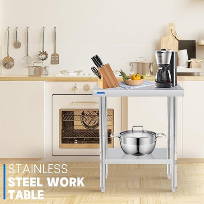 KUARBARR Stainless Steel Table for Prep & Work with Undershelf 24 x 24 Inches NSF Metal Commercial Kitchen Prep Table with Adjustable Under Shelf Worktable for Restaurant Home Outdoor