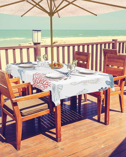 Blue Red Coastal Outdoor Tablecloth - 52x70 Inch Rectangle Waterproof Dining Table Cover, Nautical Summer Beach Coral Sea Turtle Outdoor Table Cloth with Umbrella Hole & Zipper for Patio