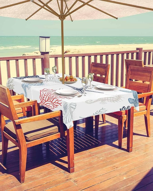 Blue Red Coastal Outdoor Tablecloth - 60x120 Inch Rectangle Waterproof Dining Table Cover, Nautical Summer Beach Coral Sea Turtle Outdoor Table Cloth with Umbrella Hole & Zipper for Patio