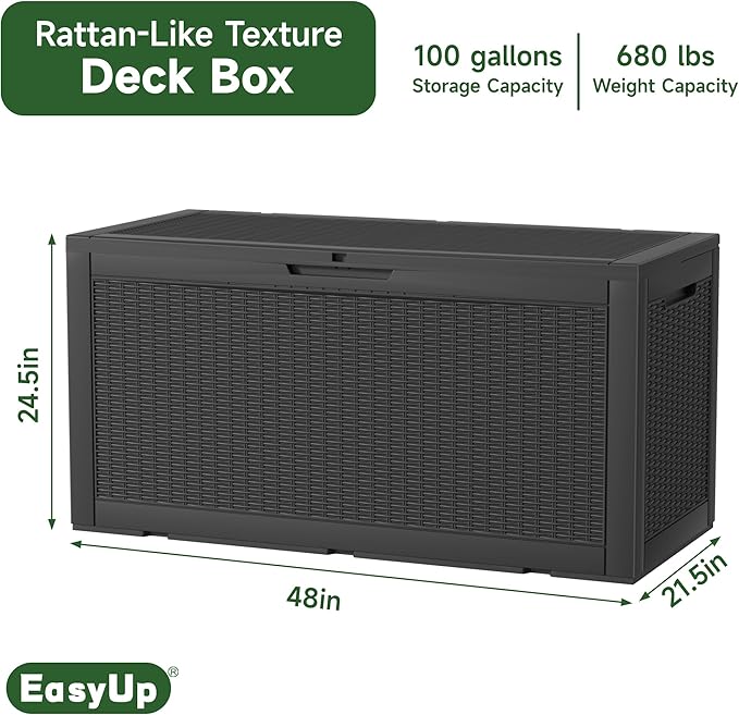 120 Gallon Outdoor Deck Box, Resin Waterproof Storage Box With Lockable Lid, UV-Resistant Multi-Purpose Outdoor Storage Bench for Patio Cushions, Garden Tools, Pool Accessories (120 Gallon, Black)