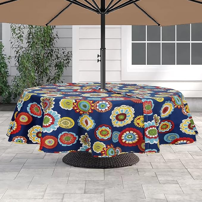 60" Round Tablecloth with Umbrella Hole and Zipper, Washable Waterproof Wrinkle Free Zippered Patio Table Cloths Table Covers for Spring, Summer, Party, Backyard, Picnic, BBQS (Floral Navy)