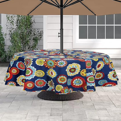 60" Round Tablecloth with Umbrella Hole and Zipper, Washable Waterproof Wrinkle Free Zippered Patio Table Cloths Table Covers for Spring, Summer, Party, Backyard, Picnic, BBQS (Floral Navy)