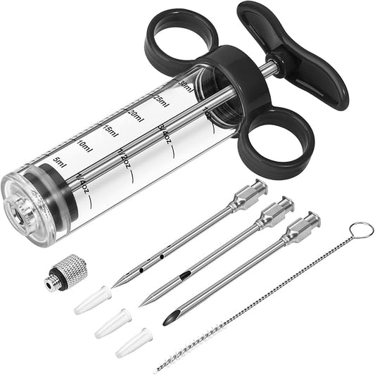 Kingsmile Meat Injector, 1-oz Plastic Marinade Injector, Turkey Injector Syringe - 3 Stainless Steel Meat Needles for BBQ Grill, Meat Injector Syringe for Meat with Cleaning Brush Black