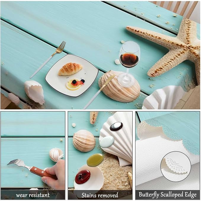 Swono Seashells Tablecloth Ocean Sand Starfish Seashells On Wooden Decorative Table Cover for Kitchen, Dinner Room, Party Banquet and Holiday Tablecloth, 52x70 Inch(4-6 Seats)