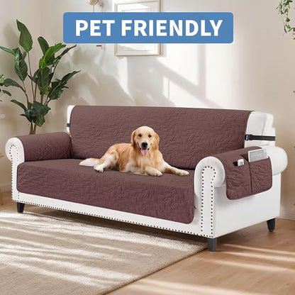 CUCRAF Non Slip Quilted Sofa Cover, Water Resistant Slipcover Furniture Protector for 1 Cushion Sofa Pet Friendly, Washable Couch Cover with Adjustable Elastic Straps (Small Recliner, Coffee)