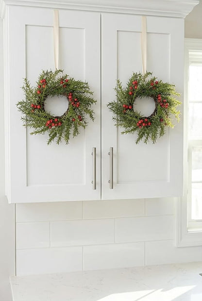 2 Pcs Christmas Candle Rings Wreaths, 10 Inch Candle Wreath with Artificial Berries Rosemary, Christmas Candle Holder Indoor Decor for Home Kitchen Cabinets Centerpieces for Tables