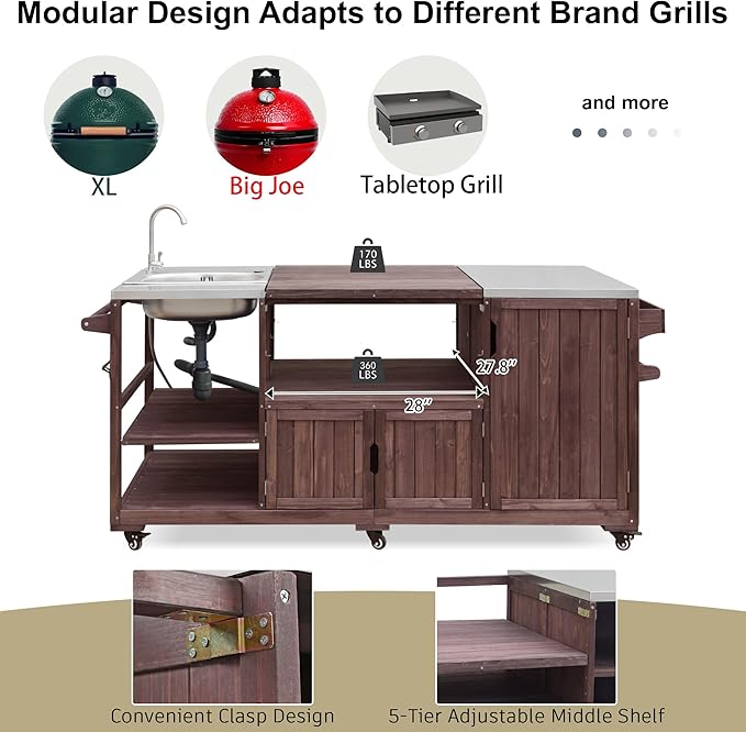 75.4" Outdoor Kitchen Island with Sink, Solid Wood Grill Cart for XL Big Green Egg, Rolling Outdoor Bar Cart with Stainless Steel Top, Adjustable Shelves, 6 Wheels for BBQ Pizza Prep