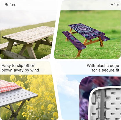 ANNA QUEEN Mandala Picnic Table Cover Set, 6FT Boho Purple Waterproof Tablecloth & Bench Covers 3PCS 72"x30" for Camping Garden Patio Festivals Retreats
