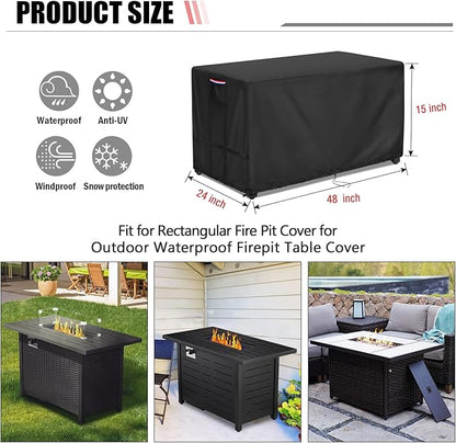 Fire Pit Cover Rectangular 48 Inch - Waterproof Outdoor Fire Table Cover Rectangle Heavy Duty, 600D Patio Propane Gas Firepit Cover Rectangular Tear Weather Resistant - 48 x 24 x 15 Inch