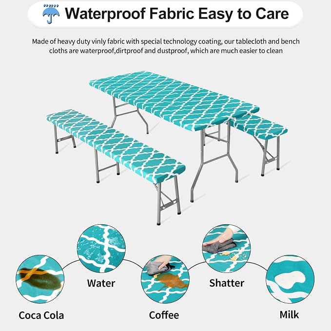 OutdoorLines Vinyl Fitted Picnic Table Cover with Bench Covers | Elastic Waterproof Camping Tablecloth for Picnic Table (Moroccon Teal 96x30 Inch, 3 Pcs)