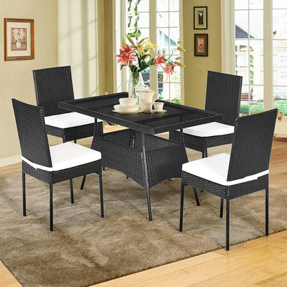 Tangkula 5 Piece Wicker Patio Dining Set, Outdoor Rattan Table & Chairs Set with Tempered Glass Top & Padded Cushions, Patio Furniture Dining Table Set for Balcony Patio Garden Poolside