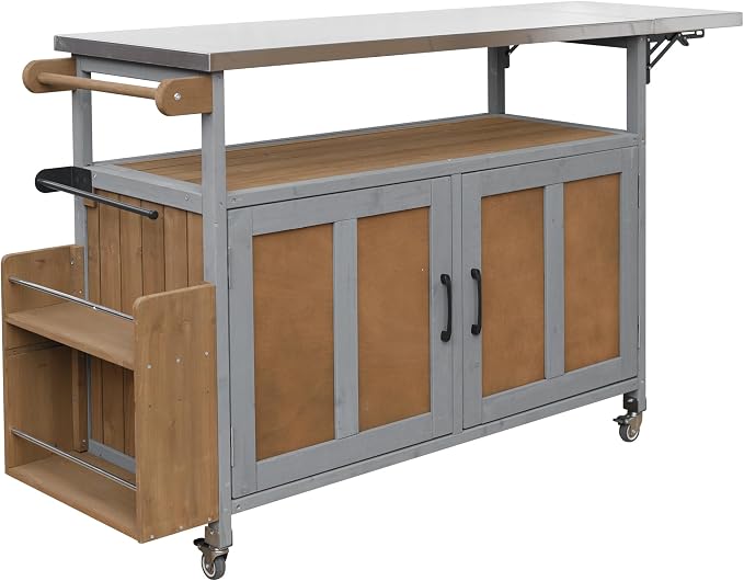 Outdoor Fir Wood Kitchen Island with Foldable Stainless Steel Top, Patio Mobile Kitchen Cart Portable Outdoor Cooking Island with Lockable Wheels, Storage Cabinet and Towel Rack (Espresso+Grey/124)