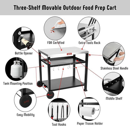 Feasto 3-Shelf Pizza Oven Table with 33.5" x 21.7" Stainless Tabletop, Outdoor Grill Cart with Tank Hook for Pizza Ovens & Griddles, Heavy-Duty Prep Station for Patio BBQ and Deck Parties, Black