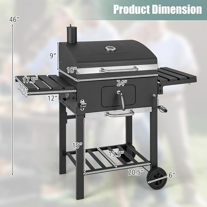 Giantex Charcoal Grill 24 inch, BBQ Grill with 2 Foldable Side Table, Adjustable Charcoal Tray, Pull-out Ash Tray, Heavy Duty Barbecue Grill with Wheels for Outdoor Cooking Camping Backyard Party