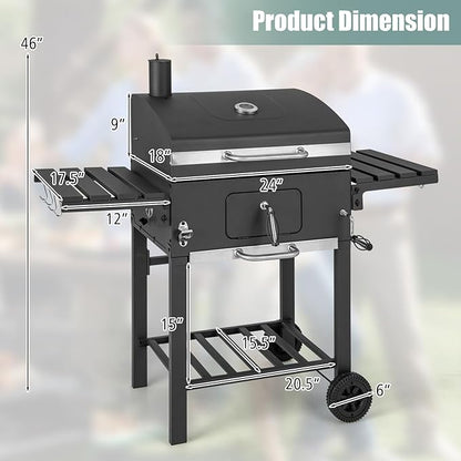 Giantex Charcoal Grill 24 inch, BBQ Grill with 2 Foldable Side Table, Adjustable Charcoal Tray, Pull-out Ash Tray, Heavy Duty Barbecue Grill with Wheels for Outdoor Cooking Camping Backyard Party