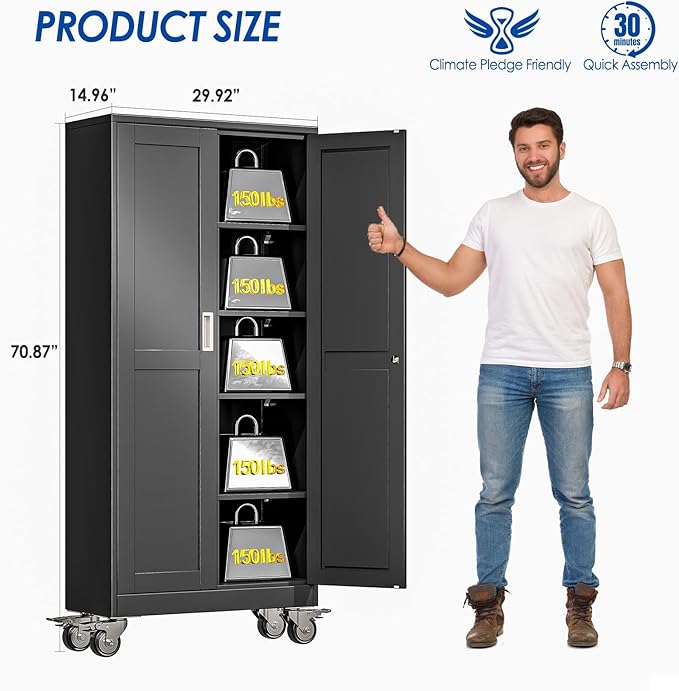 GAIOUS Metal Garage Storage Cabinet with Lock, Steel Tool Cabinet with 2 Door and 4 Adjustable Shelves, 71” Tall Lockable File Cabinet with Wheels, Rolling Cabinet for Home Office Garage Gym - Black
