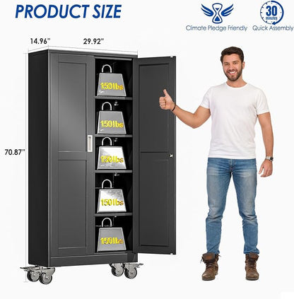 GAIOUS Metal Garage Storage Cabinet with Lock, Steel Tool Cabinet with 2 Door and 4 Adjustable Shelves, 71” Tall Lockable File Cabinet with Wheels, Rolling Cabinet for Home Office Garage Gym - Black