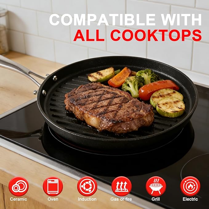 12 Inch Cast Iron Grill Pan with Stainless Steel Handle, Pre-Seasoned Round Ribbed Skillet for Stovetop, Oven & Grill, Perfect for Steak, Burgers, Indoor & Outdoor BBQ