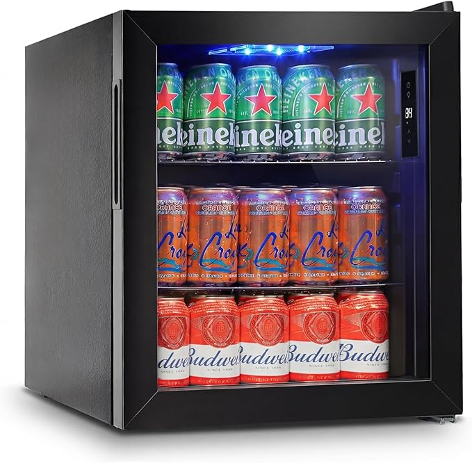 FoMup Mini Fridge 50 Can, Small Beverage Refrigerator with Reversible Glass Door, Countertop Drink Cooler with Temperature Control, Compact Beer Soda Fridge for Office Dorm Kitchen, Black