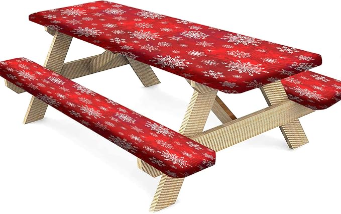 Christmas Picnic Fitted Tablecloth and Bench Covers, 3 Pieces Set, White Snowflakes on Red Background Print Elastic Edged Table Cover, 72x28 Inch, Table Cover for Indoor/Outdoor Picnic, BBQ and Dining