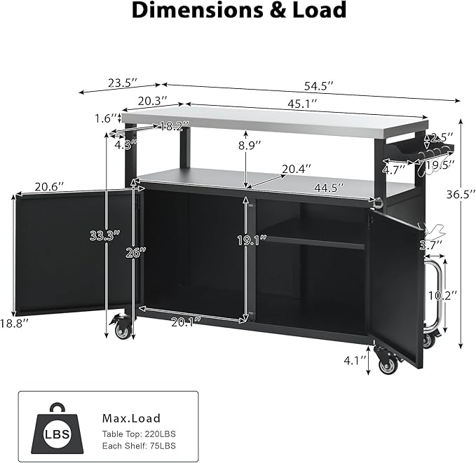 54.5" Outdoor Kitchen Island with Stainless Steel Tabletop, Metal Grill Cart Table with Storage Cabinet, Spice Rack and Towel Rack, Outdoor Bar Cart with 4 Lockable Wheels for Outside BBQ (Black--@13)