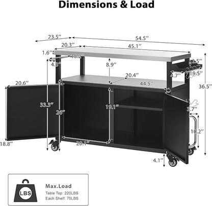 54.5" Outdoor Kitchen Island with Stainless Steel Tabletop, Metal Grill Cart Table with Storage Cabinet, Spice Rack and Towel Rack, Outdoor Bar Cart with 4 Lockable Wheels for Outside BBQ (Black@79)