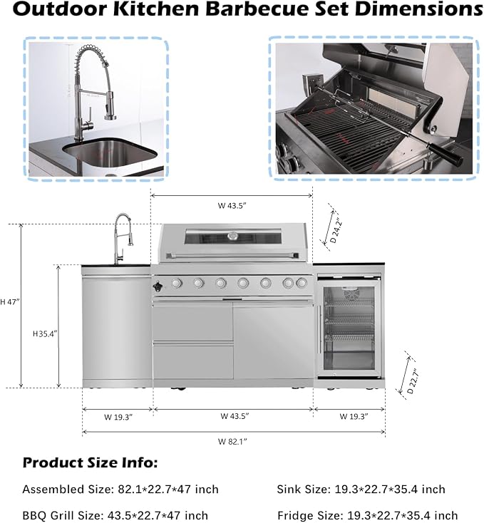82" Modular Outdoor Kitchen Island with Grill, 6-Burner 85,000 BTU Propane BBQ Island, 304 Stainless Steel, Refrigerator, Sink & Rotisserie, for Backyard and Patio Cooking, Silver