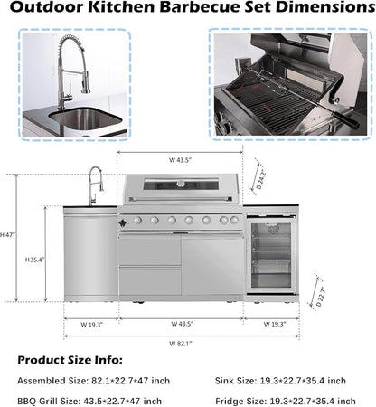 82" Modular Outdoor Kitchen Island with Grill, 6-Burner 85,000 BTU Propane BBQ Island, 304 Stainless Steel, Refrigerator, Sink & Rotisserie, for Backyard and Patio Cooking, Silver